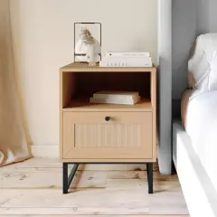 Merrick Lane Burkett Mid-Century Modern Wooden Bed Side Table/Nightstand with Drawer and Shelf Natural