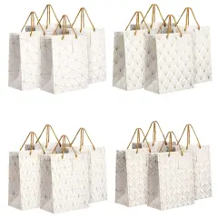 16-Pack Medium White and Gold Gift Bags with Handles & Tags for Weddings Baby Bridal Showers Birthday Party Favors, 4 Geometric Foil Designs (8 x 10 x 4.5 Inch)