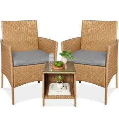 Best Choice Products 3-Piece Outdoor Wicker Conversation Patio Bistro Set, w/ 2 Chairs, Table Natural/Cement Gray