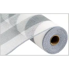 10.5" Faux Jute Wide Stripe Mesh Ribbon: White & Grey (10 Yards)
