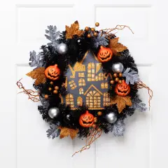 Northlight Glittered Haunted House Artificial Halloween Wreath - 24" - Unlit Orange