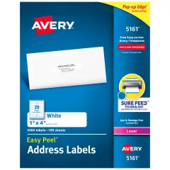 Avery Easy Peel Printable Address Labels with Sure Feed, 1" x 4", White, 2,000 Blank Mailing Labels for Laser Printers (5161)