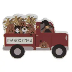 Red Wooden Boo Crew Truck Sitter with Witch, Cat, Dog, Pumpkins and Corn