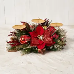 Red Poinsettia Triple Candle Holder - Handcrafted Christmas Decorations - Holiday Tree