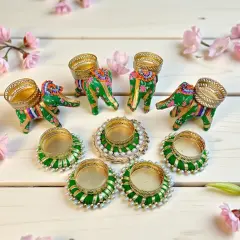 Elephant Tealight Rangoli Candle Holders Festival of Light Decorative Candle Stand for Diwali Christmas Thanksgiving Housewarming Gift T-light Holder for Centerpiece Dining Table Home Decor GREEN
