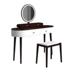 LED Lighted Vanity Table Set with Adjustable Mirror & Cushioned Stool White-Brown