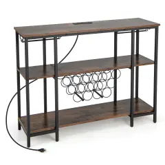 Industrial Wine Rack with Charging Station, 15-Bottle Capacity, 2 Glass Holders & 3 Shelve Brown