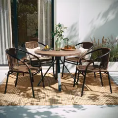 Emma and Oliver 4 Pack Rattan Indoor-Outdoor Restaurant Stack Chair with Curved Back Medium Brown