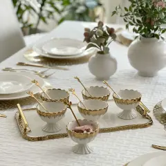 Porcelain Dessert Mugs with Tray White / Gold