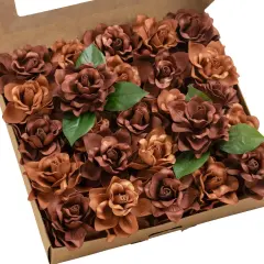 25pcs Fake Gardenia Burnt Terra Rust Artificial Flowers w/Stems, Fake Flower for DIY Wedding Decorations