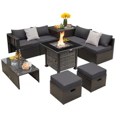 Outdoor 9 Pieces Patio Furniture Set with 50 000 BTU Propane Fire Pit Table Grey