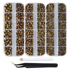 7000pcs+ Flatback Glass Hotfix Iron On Rhinestones Crystal for DIY Making with 1 Tweezer & 1 Picking Pen for Shoes, Clothes, Face Art, Bags, Manicure (Mine Gold, 5-Sizes)