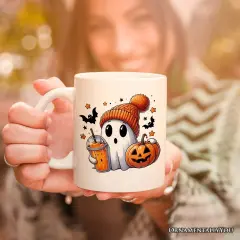 Cute Ghost with Coffee Drink, Halloween Mug, Fun Boujee Gift
