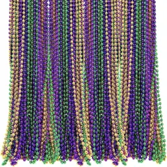 4E's Novelty Mardi Gras Beads Bulk (144 Pcs) - 33" 6mm Metallic Necklaces, 12 Colors, Masquerade New Orleans Party Favors for Adults & Kids