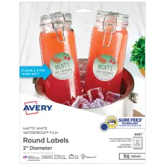 Avery Durable Waterproof Labels with Sure Feed Technology, 2" Diameter, Matte White, Laser & Pigment-Inkjet, 96 Printable Labels (5657)