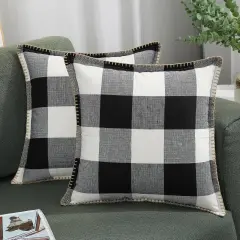 Buffalo Plaid Check Spring Throw Pillow Covers 18x18 Set of 2, Outdoor Decorative Farmhouse Pillow Covers with Stitched Edge for Bed Couch Sofa, Black and White