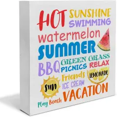 Country Summer Wood Box Sign Decor Desk Sign Summer Subway Wooden Box Block Sign Summer Words Signs Rustic Home Shelf Wall Decoration