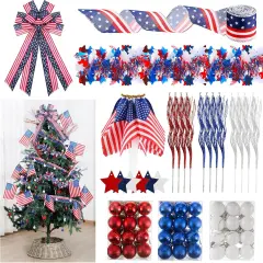 118 Pcs Memorial Day Decorations for Tree 4th of July Patriotic Wreath Bows Red White and Blue Tree Decorations Independence Day Ornaments American Flag Patriotic Garland for Memorial Decor