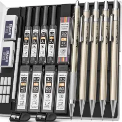 5 PCS Art Mechanical Pencils Set, Metal Drafting Pencil 0.3 & 0.5 & 0.7 & 0.9 & 2mm Graphite Lead Holder(4B 2B HB 2H Colored) for Sketching Drawing With Lead Refills Eraser Case