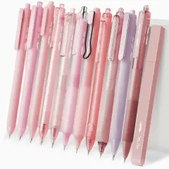 Gel Ink Pink Pen Set, 12 Pack, 1 x Aesthetic Highlighter, 0.5mm Cute Pink Pens Black Ink with Pastel Barrels