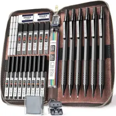 30Pcs Metal Mechanical Pencil Set with Leather Case, 0.5/0.7/0.9/2.0mm Art Drafting Pencils, 16 Tubes Graphite Leads (6B 4B 2B HB 2H 4H) with Colored Leads for Sketching Drawing Writing(Black)
