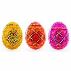 Set of 3 Yellow, Pink, Orange Geometric Ukrainian Pysanky Wooden Easter Eggs 2.5 Inches