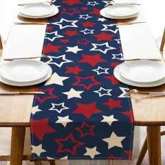 4th of July Red White Stars Dining Table Runner, Patriotic America Dark Blue Burlap Kitchen Decoration, American USA Indoor Outdoor Home Decor Party