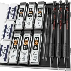 0.5mm Mechanical Pencil Set, 3PCS Metal Mechanical Pencils 0.5mm with 6 Tubes HB & 2B Lead Refills, Erasers, Weatherproof Artist Pencils with Case for Outdoor Writing Drafting Drawing