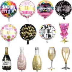 Happy Birthday Party Balloons Foil &ndash; 38in 18in Large Mylar Helium Round Champagne Bottle and Champagne Glass Shaped Foil Birthday Balloons