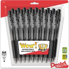 Retractable Ballpoint Pen, (1.0mm), Medium Line, Black Ink, Pack of 18