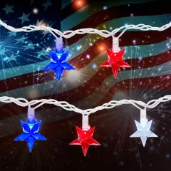 4th of July Red White Blue Stars Lights, 13.6Ft Patriotic Decorations String Lights with 35 LED Red White Blue Stars for Independence Day Memorial National Day Party Gift Decor, White Wire