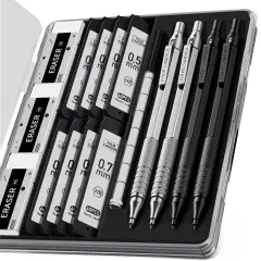 4PCS Metal Mechanical Pencils Set with Case, 0.5mm & 0.7 mm Artist Pencil with 8 Tubes (480PCS) HB Lead Refills, 3 Erasers,9 Eraser Refills For Writing Drafting, Drawing, Black&Silver