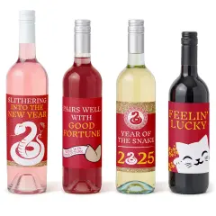 Big Dot of Happiness 2025 Year of the Snake - Lunar New Year Decorations for Women and Men - Wine Bottle Label Stickers - Set of 4