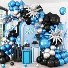 Blue Silver Black Balloon Arch Kit,Balloon Garland with Blue Confetti Star Foil Balloons for Graduation Baby Shower Birthday Anniversary Retirement Party Decorations