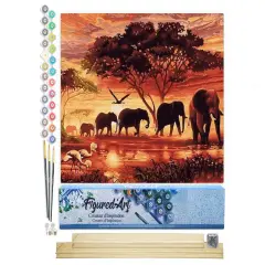 Figured'Art Paint by Numbers Kit for Adults Elephants at Sunset 16"x20" - Craft Art Painting Rolled Canvas with DIY wooden frame