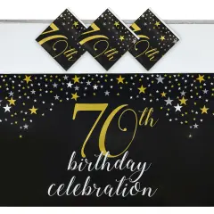 3 Pack 70th Birthday Plastic Table Covers, Disposable Tablecloths for Cheers to 70 Years Party Decorations (54 x 108 In) Black