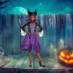 Kids Maleficent Costume Disney Villain Purple Black Dress with Horn Headband