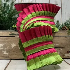 4" Metallic Dupion Pleated Ruffle Ribbon: Lime/Hot Pink (5 Yards)