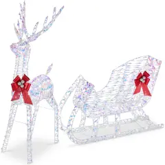 Best Choice Products Lighted Christmas 4ft Reindeer & Sleigh Outdoor Decor Set w/ 205 LED Lights, Stakes Iridescent - Large