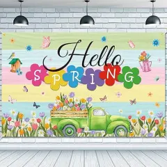 Hello Spring Backdrop Banner 71 x 45 Inch Large Colorful Spring Truck Tulips Flowers Background Banner Spring Easter Holiday Party Decorations Spring Break Indoor Outdoor Photo Booth Props