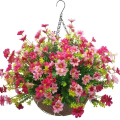 Artificial Faux Hanging Plants Flowers Basket for Autumn Winter, Red Daisy Flowers Eucalyptus UV Resistant Look Real for Outdoor Outside Porch Decoration