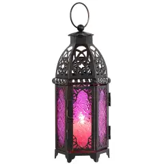 NEEDOMO Ramadan Decorations, Hanging Moroccan Lantern, 11'' Vintage Candle Holder, Metal Lanterns Decorative Indoor Outdoor, Table, Patio, Porch, Shelf, Gothic Home Decor (Purple)
