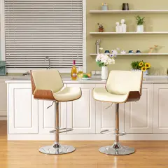 Set of 2 Mid-century Modern Leatherette Adjustable Height Swivel Bar Stool with Black Metal Base Beige