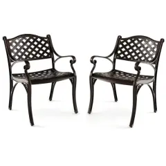 Cast Aluminum Patio Chairs Set Of 2 Dining Chairs With Armrests Diamond Pattern-Bronze