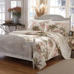 3 Piece Cotton Coastal Quilt Set with Palm Tree Pattern and Reversible Tropical Bedding Shams
