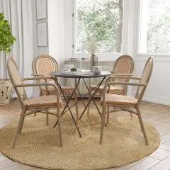 Merrick Lane Celia Set of Four Stacking Thonet Bistro Style Chair with Arms, PE Rattan Seat, and Metal Frame for Indoor/Outdoor Use White&Navy/Natural