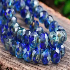Sapphire Aqua Picasso Fire Polished Rondelle Beads - 5x7mm or 6x8mm