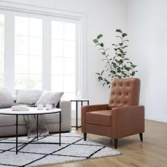 Merrick Lane Darcy Recliner Chair Mid-Century Modern Faux Leather Tufted Upholstery Ergonomic Push Back Living Room Recliner Cognac Brown