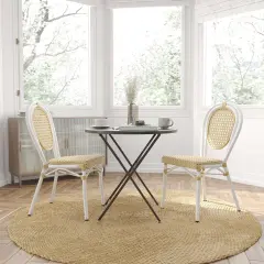Merrick Lane Toulon Set of Two Stacking Thonet Bistro Style Chair, PE Cane Rattan Seat, and Metal Frame for Indoor/Outdoor Use Natural/White Frame