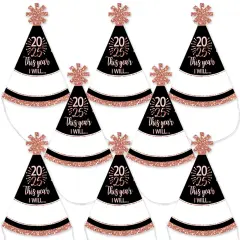 Big Dot of Happiness Rose Gold Happy New Year - Mini Cone 2025 New Year's Eve Resolution Party Hats - Small Little Party Hats - Set of 8